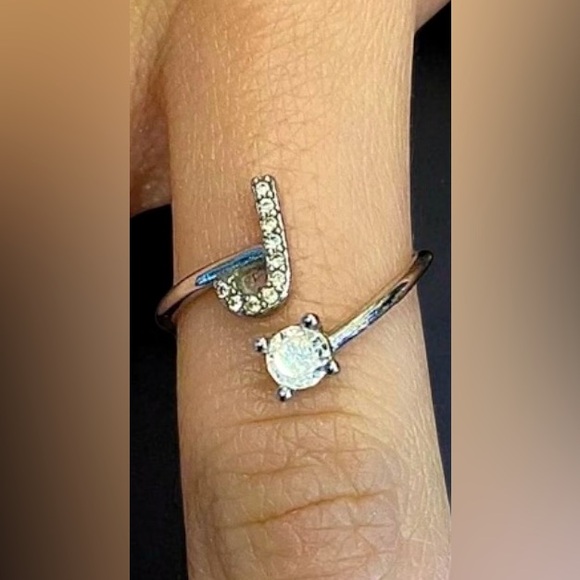 Sterling Silver Adjustable Ring With Letter J Solitaire Stone Sizes 7-10 - Picture 1 of 10
